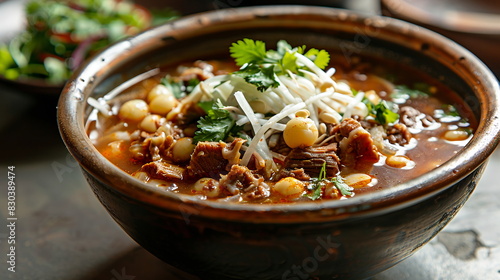Mexican pozole soup with pork, hominy, and shredded cabbage in a bowl.