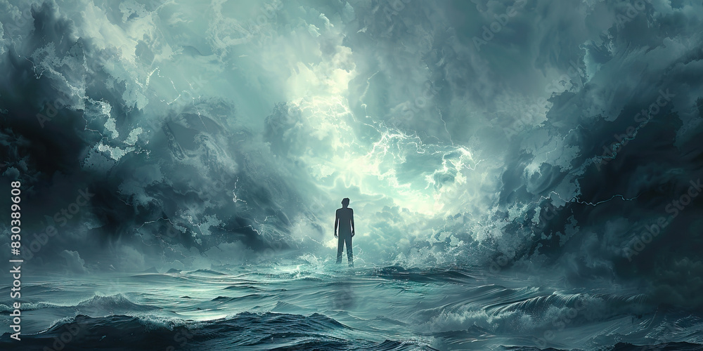 Fototapeta premium Resilience Amidst Turmoil: A strong and steady figure standing resolute against the backdrop of raging storm clouds, symbolizing the indomitable spirit of perseverance and endurance in the face of adv