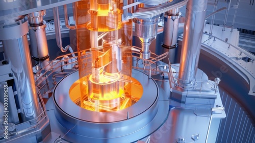 The interior of a nuclear reactor showing the heat exchange process, with heated water turning to steam in a pressurized environment, in a cutaway diagram style. --ar 16:9  photo