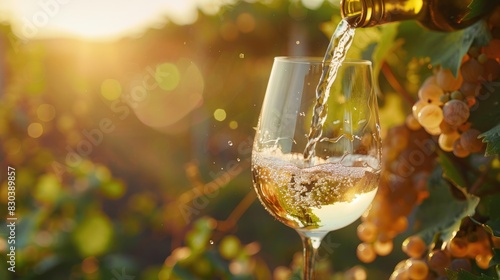 Pouring white wine into a wine glass against a sunny vineyard backdrop Winemaking theme with room for text © TheWaterMeloonProjec