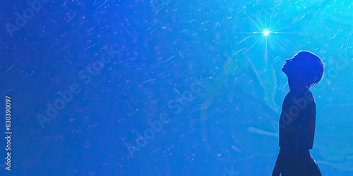 Harbinger of Hope: A person with upturned features gazing at a star in the night sky, radiating a light blue hue, symbolizing the promise of a better future