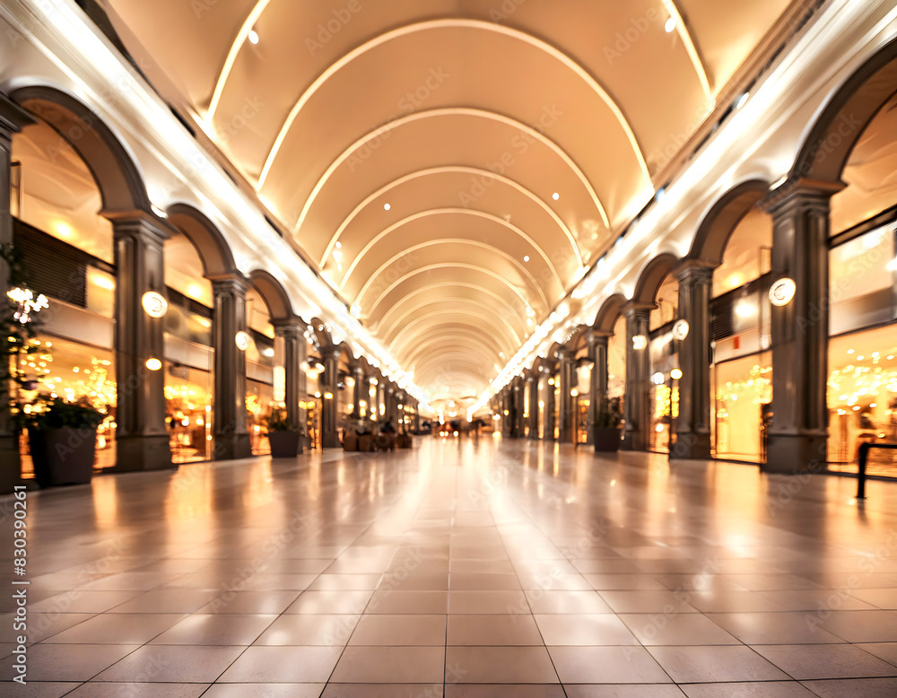 Spacious and elegantly lit shopping center interior with a series of arched columns on both sides and a tiled floor.
