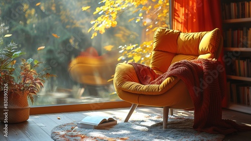 cozy reading corner, a cozy reading corner bathed in sunlight, cozy chair and autumn-hued book create a peaceful oasis for book enthusiasts in a minimalist design ideal for unwinding in fall photo