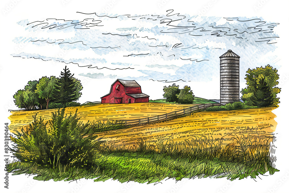 Rural landscape with a farm on field. Beautiful nature with sunny green ...