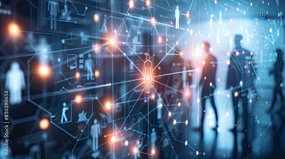 Concept of a complex social network, with many connections between individuals Concept of a complex social network, with many connections between individuals