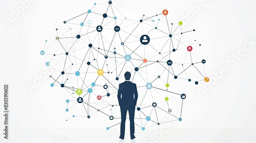 A man stands in front of a large network of people