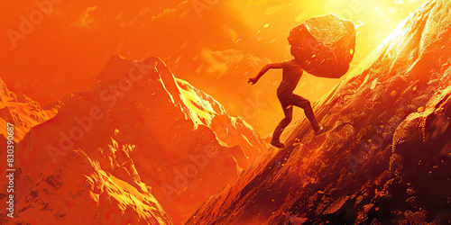 Rebranding: The Uphill Struggle for Progress - A compelling image of a determined figure laboriously pushing a substantial boulder uphill, symbolizing the arduous journey of bringing about positive photo