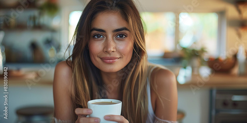 Morning routine  drinking coffee  young latin woman