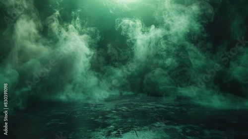Empty Dark Stage with Green Mist Fog Smoke - Platform Showcasing Artistic Work Product 