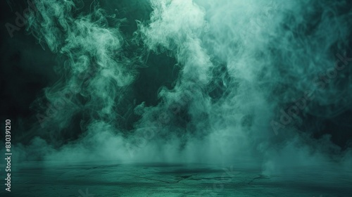 Empty Dark Stage with Green Mist Fog Smoke - Platform Showcasing Artistic Work Product 