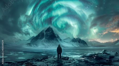 Solitary Explorers Majestic Encounter with the Swirling Aurora Borealis in Arctic Wilderness