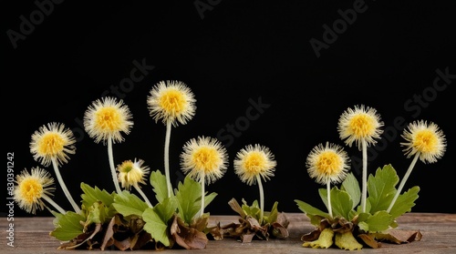 Yellow Dandelion Flowers with Green Leaves on Wooden Background