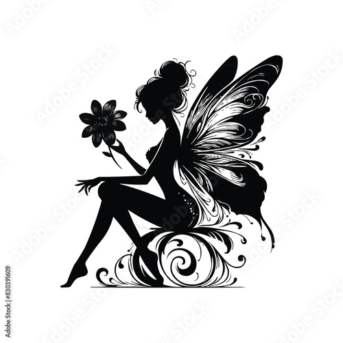 A graceful fairy silhouette seated with extended legs holding a flower with detailed wings against a plain background