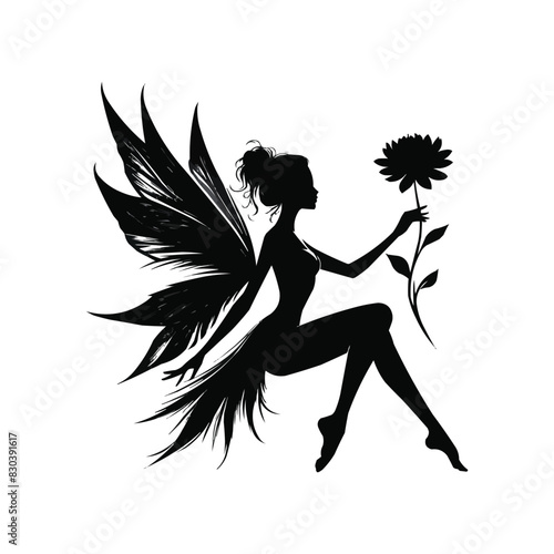 A graceful fairy silhouette seated with extended legs holding a flower with detailed wings against a plain background