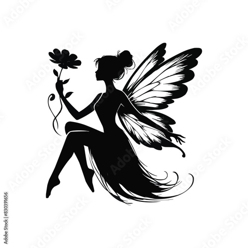 A graceful fairy silhouette seated with extended legs holding a flower with detailed wings against a plain background