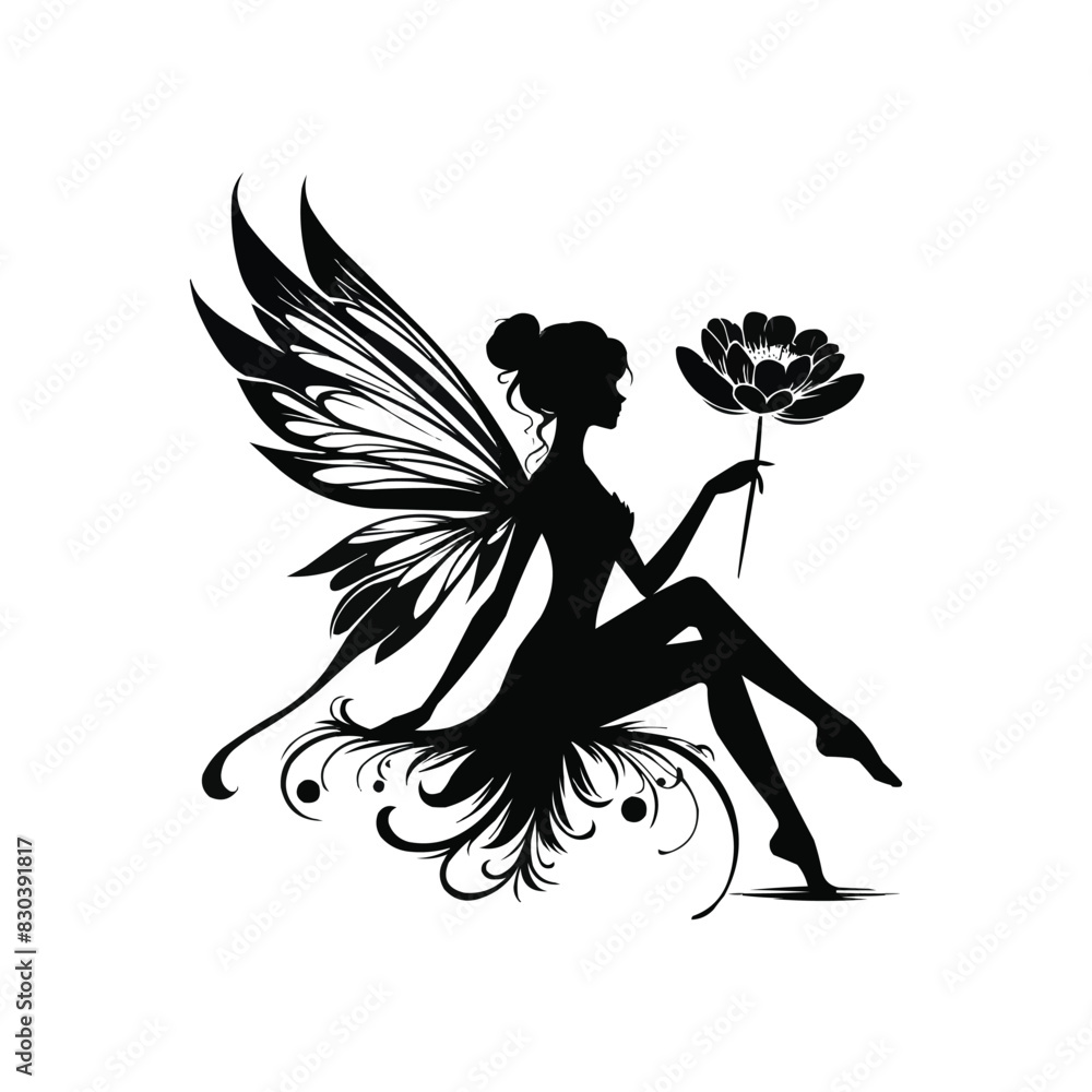 A graceful fairy silhouette seated with extended legs holding a flower with detailed wings against a plain background A graceful fairy silhouette seated with extended legs holding a flower with detailed wings against a plain background