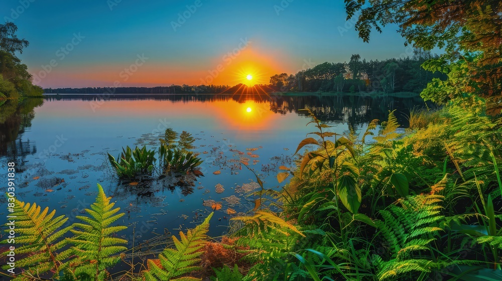 Fototapeta premium Vibrant sunset illuminates tropical ferns and dense green vegetation along a quiet lake shore, ideal for serene wellness marketing materials.