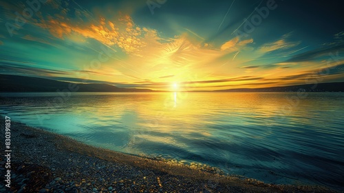 The last rays of the sun setting behind a northern European lake, with the coast silhouetted against a sky transitioning from blue to golden yellow, offering a moment of tranquility.