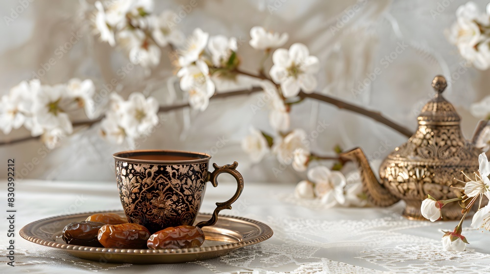 about Ramadan Kareem greeting card, invitation. Ornamental tea, coffee cup, bronze plate with dates fruit, white blooming prunus tree branch on white table. Iftar dinner. Eid ul Adha banner background about Ramadan Kareem greeting card, invitation. Ornamental tea, coffee cup, bronze plate with dates fruit, white blooming prunus tree branch on white table. Iftar dinner. Eid ul Adha banner background