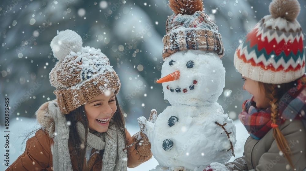 Obraz premium Family building a snowman together in winter, all smiling and having fun