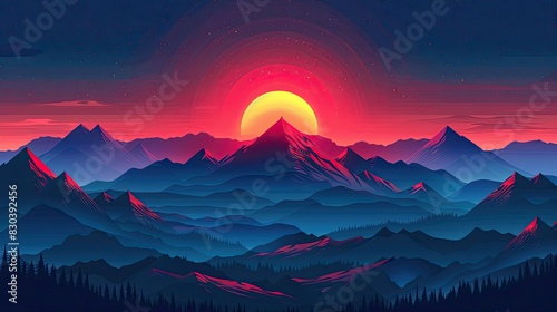 A vibrant sunset casts a warm glow over a range of majestic mountains photo