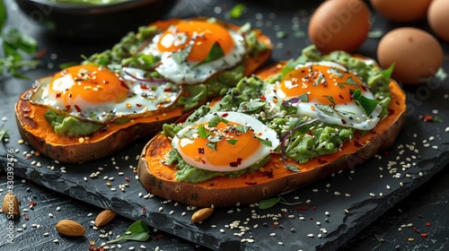 A delicious and healthy breakfast of sweet potato toast with avocado, fried egg, and Everything Bagel seasoning.