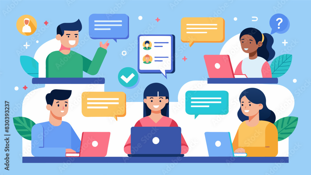 An online discussion board filled with students questions and comments about a reading assignment connecting them despite physical distance.. Vector illustration An online discussion board filled with students questions and comments about a reading assignment connecting them despite physical distance.. Vector illustration