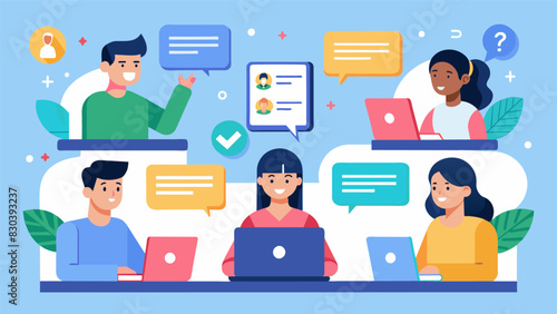 An online discussion board filled with students questions and comments about a reading assignment connecting them despite physical distance.. Vector illustration