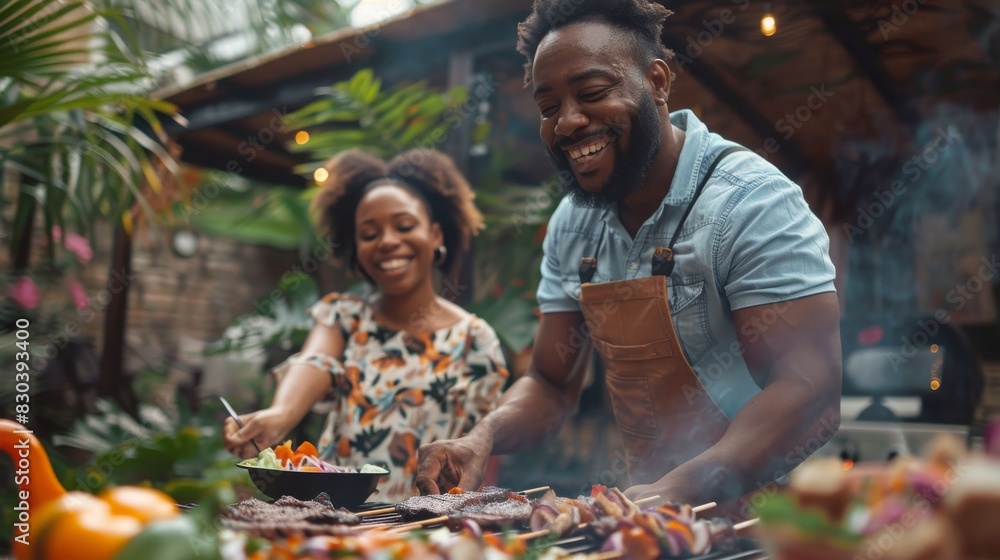 Family having a barbecue in the backyard, all smiling and enjoying the food Family having a barbecue in the backyard, all smiling and enjoying the food