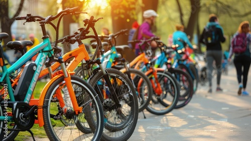 Colorful electric bikes lined up beside a bustling city park, with joggers and pedestrians passing by in the soft light of a spring afternoon. © Sundas