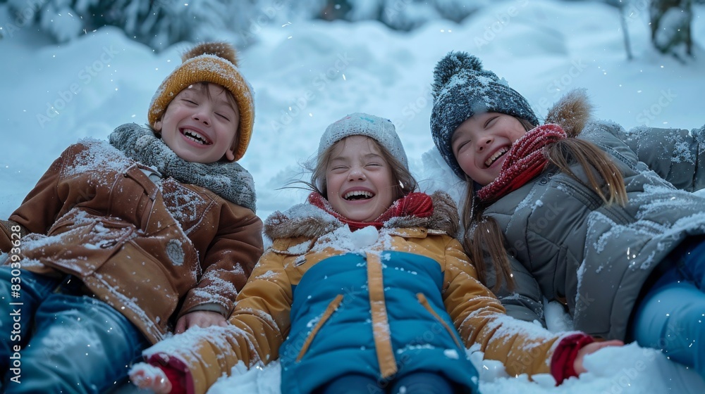 Family making snow angels together, all smiling and having fun