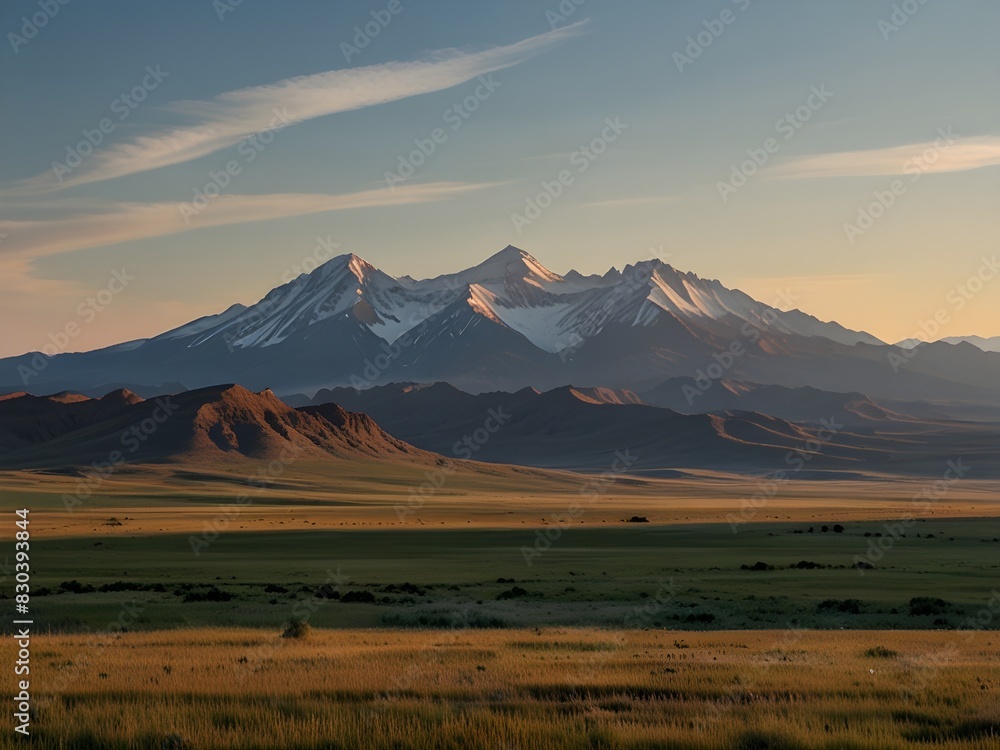 Mountain with vast, open plains at its base, flat and expansive, prairie meets mountain, generative AI