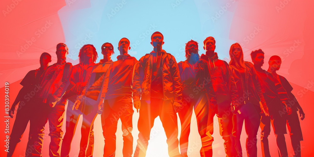 Obraz premium Solidarity (Red): A group of figures standing shoulder to shoulder, symbolizing unity and solidarity among Gen Z protesters