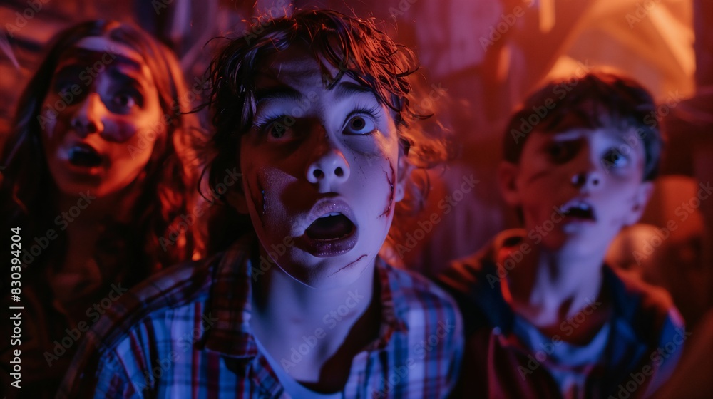 Obraz premium Terrified Kids in Haunted House Experience, Spooky Halloween Night, Horror and Suspense, Dramatic Lighting, Frightened Expressions