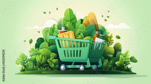 Ecofriendly shopping experience, flat design, front view, green consumerism theme, cartoon drawing, Complementary Color Scheme photo