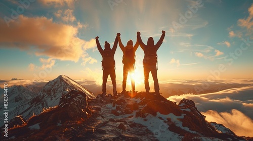 Achievement Celebration: Trio Holding Hands on Mountain Top