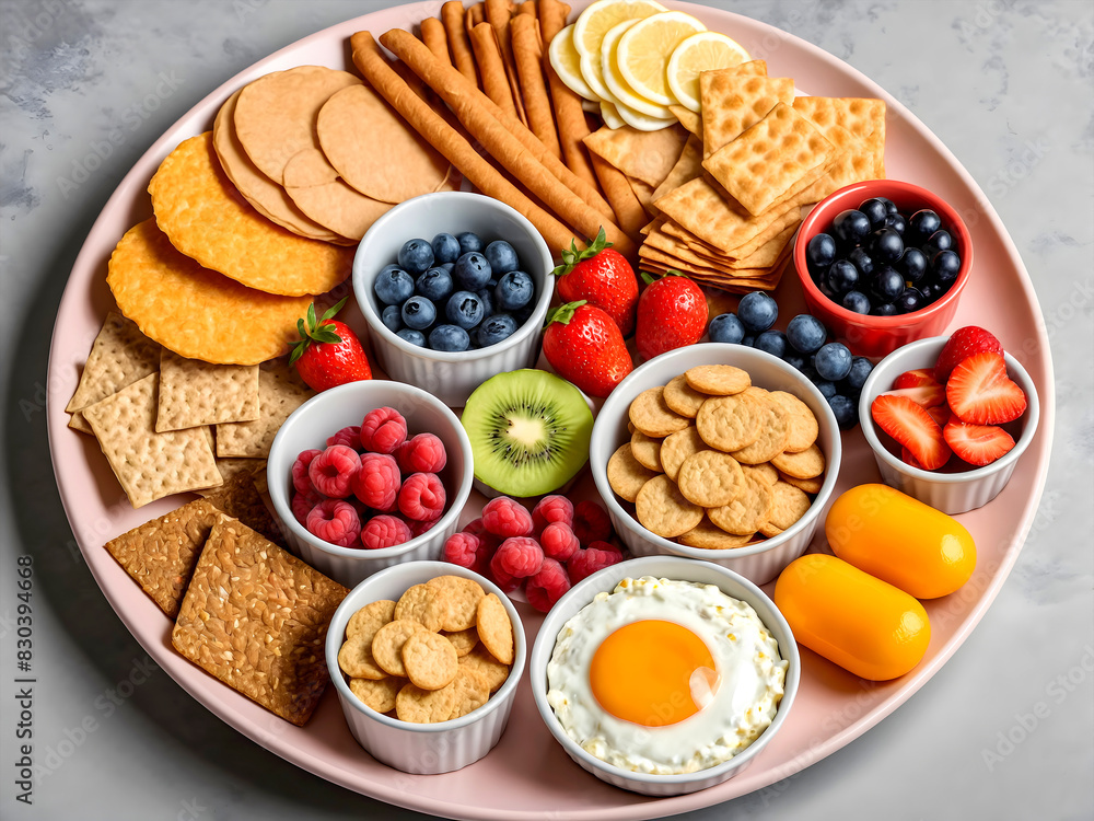 round platter of snacks, breakfast items, wallpaper design background round platter of snacks, breakfast items, wallpaper design background