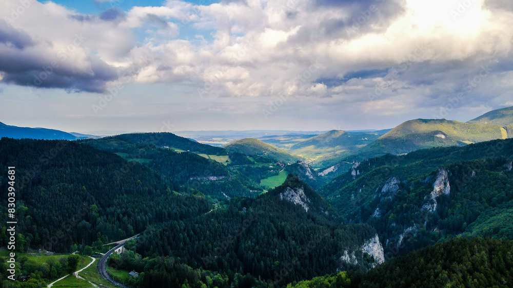 Fototapeta premium Aerial view of historical Semmering railway bridge in Austria, cloudy day