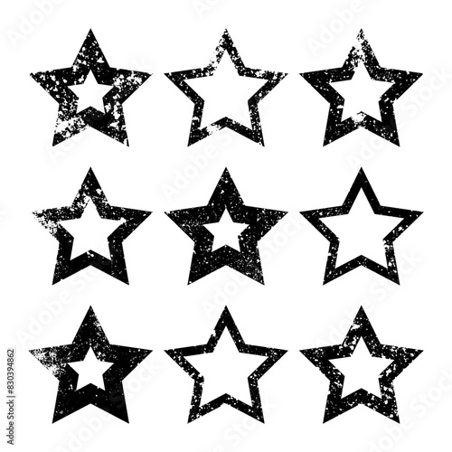 Vintage stars with cracks and stains. Old hand-drawn sign  black simple shape. Retro design element with distressed effect  grunge texture. Vector illustration