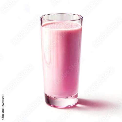A glass of pink milk sits on a white surface in front of a white background, isolated