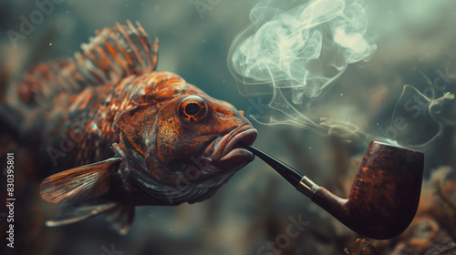 A fish is smoking an old pipe and smoke can be seen coming out of the chimney of the pipe. photo