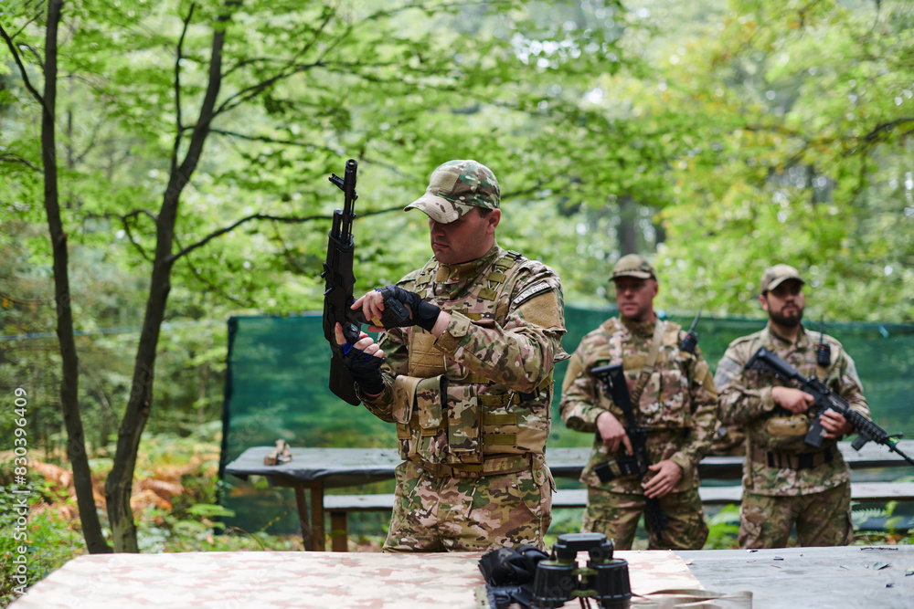 An elite military unit prepares for a hazardous forest operation, showcasing tactical prowess, camouflage skills, and strategic readiness