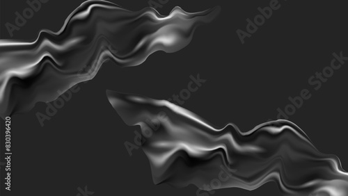 3d design with silk texture cloth background. Pieces flying fabric black. Luxurious satin fabric. Product advertising design. Vector realistic illustration.
