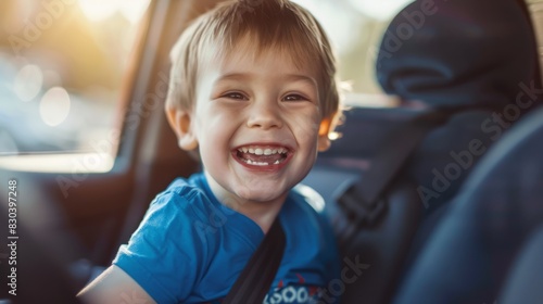 A little boy sitting in a car smiling, wearing a blue T-shirt, a happy child with short hair, a smiling child in a close-up portrait with a blurred background, sunlight from natural light shining on h