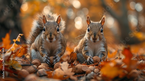 forest wildlife behavior, squirrels busily gather acorns and nuts to prepare for winter in the autumn forest, a familiar scene in the woodland photo