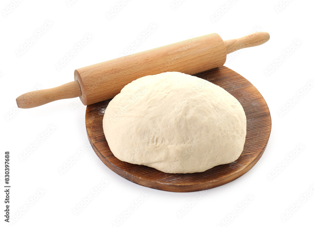 Raw dough and rolling pin isolated on white Raw dough and rolling pin isolated on white