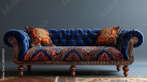 A stock photo featuring a Moroccan sofa  elegantly displayed against a pristine white background  providing a clear and isolated view of its intricate design.