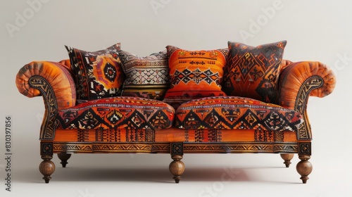 A stock photo featuring a Moroccan sofa, elegantly displayed against a pristine white background, providing a clear and isolated view of its intricate design.