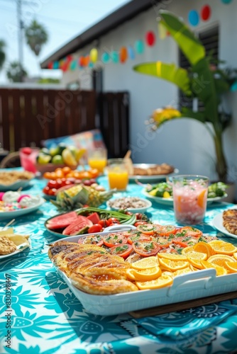 A delightful outdoor summer brunch party with an array of colorful dishes, fresh fruits, and beverages on a beautifully set table, perfect for a sunny day gathering