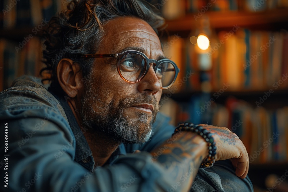 Candid image capturing an older male engaged in reading, with a peaceful, introspective ambiance in the background Candid image capturing an older male engaged in reading, with a peaceful, introspective ambiance in the background
